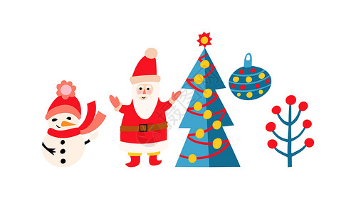 圣诞节和新年多彩剪贴画与圣诞人物 用于 web 和打印的明亮矢量装饰背景图片