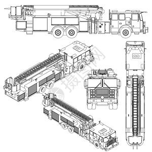 汽车消防从白色背景上孤立的黑色线条设置详细的发射机的轮廓  3D 它制作图案矢量设计图片