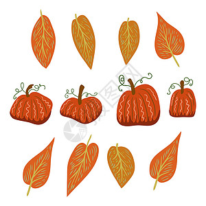 手绘菌汤暖色调的秋季元素与南瓜和树叶 秋季的矢量设计卡通片节日风格橙子庆典叶子南瓜装饰海报卡片设计图片