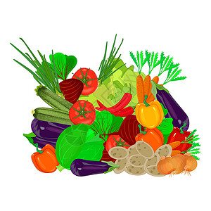 一堆水果蔬菜在白色背景下分离的一堆新鲜蔬菜插画