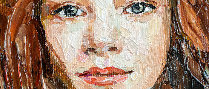 一个女孩的特写肖像宏观眼睛嘴唇女孩笔触赭石绘画帆布女士头发背景图片
