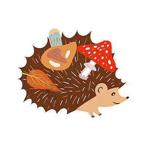 秋天动物小刺猬暖色调的秋季元素与携带蘑菇的刺猬 秋季的矢量设计设计图片