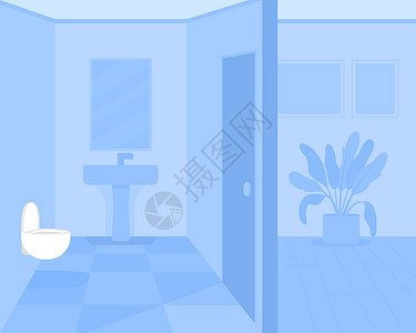 卫生间地面它制作图案的蓝色单色浴室平面彩色矢量插画
