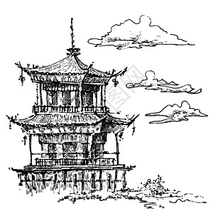 中国居民膳食宝塔佛塔手绘草图白色绘画墨水艺术宝塔建筑学衬垫黑色设计图片