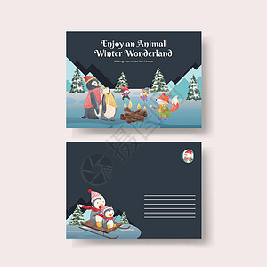 圣诞节企鹅快乐带有动物的明信片模板享受冬季概念 水彩风格营销狐狸毛皮插图企鹅雪堆天气街道兔子场地插画