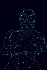 有那么一个冬夜一个沉思的女孩的线框 蓝色线条 深色背景上有发光的灯光 底视图  3D 它制作图案矢量设计图片
