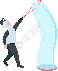 国宝熊猫穿着服装的孩子吹泡泡半扁平颜色矢量特征设计图片