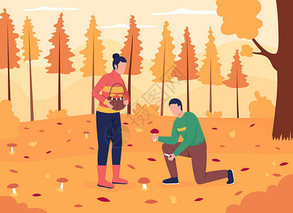秋天全景夫妇觅食蘑菇平面颜色矢量图插画