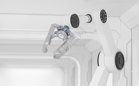 白色未来派 room3d 渲染中的机械臂工厂机器人科学发明工程机械制造业技术器具自动化背景