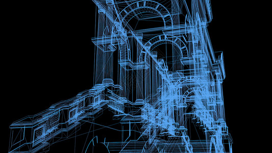 3d 插图带有柱子的华丽宫殿的线框模型建筑奢华工程城堡古董宫墙线条宫室建造3d背景图片