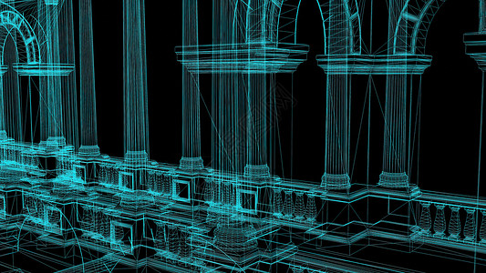 3d 插图带有柱子的华丽宫殿的线框模型城堡建造艺术宫墙宫室绘画渲染文化项目古董背景图片