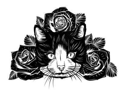 卡通蓬松的猫与玫瑰 睁开眼睛和鲜花的暹罗猫打印插图人面猫咪花朵植物小猫彩页草图连体插画