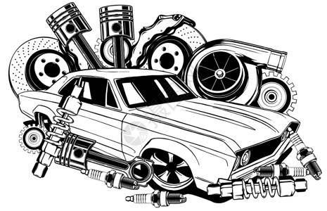 老式宝马系列黑色和白色的老式汽车和组件系列插图车库机器变速箱圆圈维修齿轮大灯吸收器技术设计图片