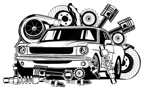 老式宝马系列黑色和白色的老式汽车和组件系列吸收器维修车库震惊圆圈机器传播引擎运输技术设计图片