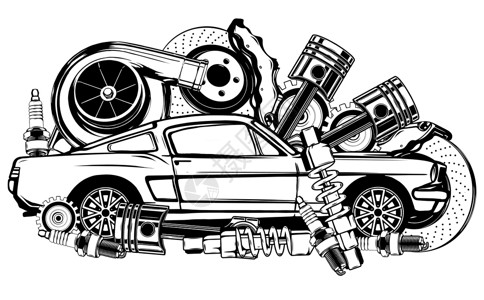 老式宝马系列黑色和白色的老式汽车和组件系列收藏车速机器艺术维修传播圆圈大灯齿轮吸收器设计图片