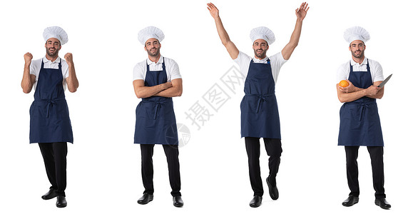 厨师全身厨师用白衣烹饪的肖像商业工作餐饮快乐服务收藏餐厅面包师职业围裙背景