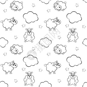 可爱的绵羊与云彩和星星的无缝图案高清图片
