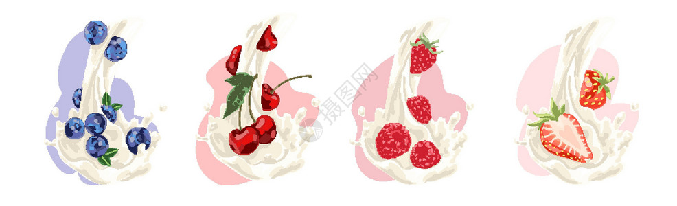 樱桃酸奶天然牛奶流与多汁的蓝莓樱桃覆盆子和草莓维生素饮食甜有机饮料 se插画