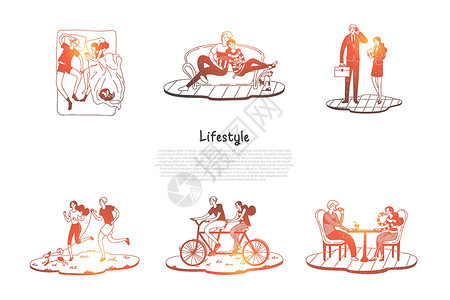 情侣行动毛笔字生活方式-情侣骑自行车睡觉休息沙发工作遛狗一起矢量概念集插画