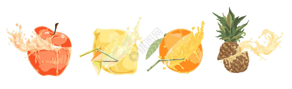 切片菠萝新鲜水果切片 配吸管鲜苹果橙和菠萝甜热带鸡尾酒 se插画