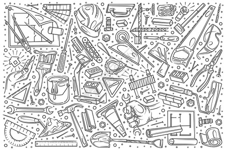 铲屎官的家手绘建筑和施工集涂鸦矢量背景起重机水泥房子脚手架团队工程师画家财产保险项目设计图片
