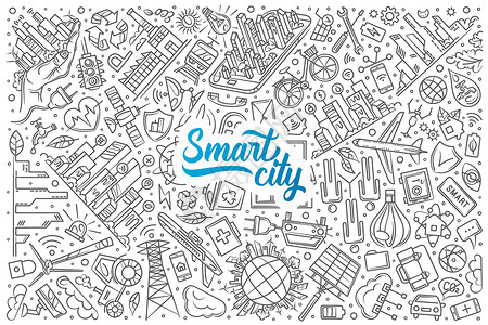 手绘智能城市集涂鸦矢量背景生物网络活力力量房子商业数据太阳能电话摩天大楼图片