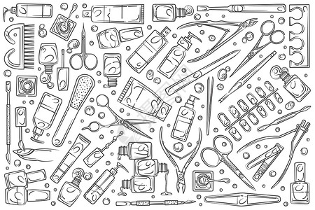 手绘美甲沙龙工具女性口红收藏香水梳子剪刀修脚洗剂抛光皮肤插画