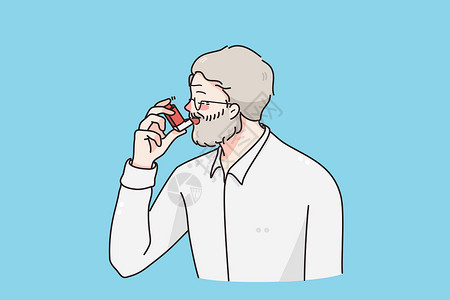 男性病患手拿哮喘吸入器患有哮喘概念插画