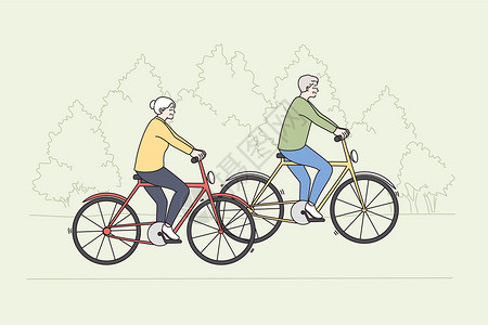 老年人骑自行车老年人概念的快乐积极生活方式插画