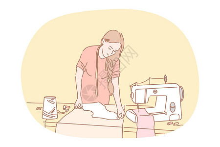 缝纫机工作缝纫制衣工作室设计师概念手工业衣服机器剪裁爱好商业工作织物女性纺织品插画