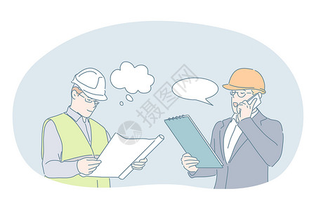著名建筑师的建筑工程和建筑业务概念员工安全工人工作项目技术员修理工男人讨论建筑师插画