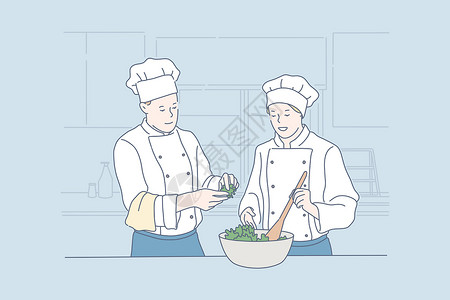 厨师沙拉团队合作烹饪餐厅食品概念设计图片