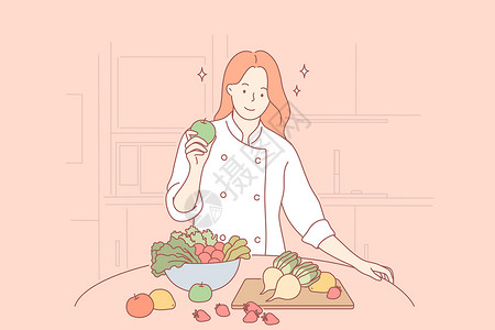水果蔬菜厨房健康素食食品烹饪概念插画