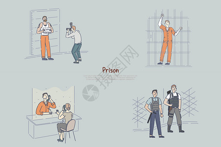 监狱里的囚犯嫌疑犯在探视室里冒充警察面部照片在看守横幅模板的警务人员插画