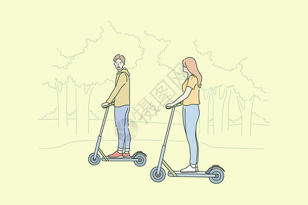 滑板车女孩夏季休闲骑行休闲时间概念设计图片