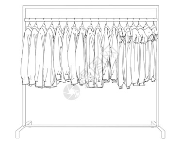 衣挂挂在衣架上的衣服轮廓被隔离在白色背景上 商店衣架上的衣服 它制作图案矢量牛仔裤女性配件架子物品女孩夹克插图精品裙子插画