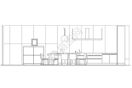 在白色背景隔绝的厨房内部等高线 它制作图案矢量艺术公寓卡通片橱柜地面植物凳子中风蔬菜茶壶背景图片