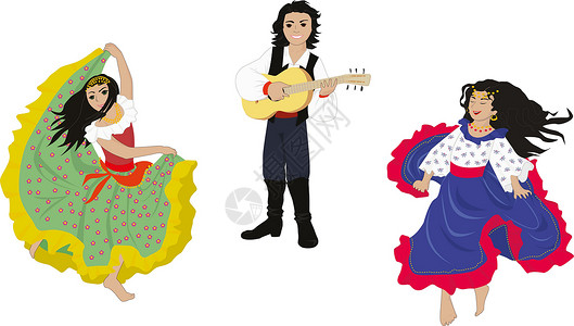 长裙跳舞吉普赛儿童正在唱歌弹吉他和跳舞设计图片
