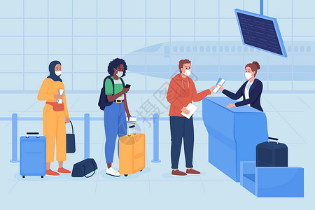 机场信息机场航站楼安全登机平面彩色矢量图插画