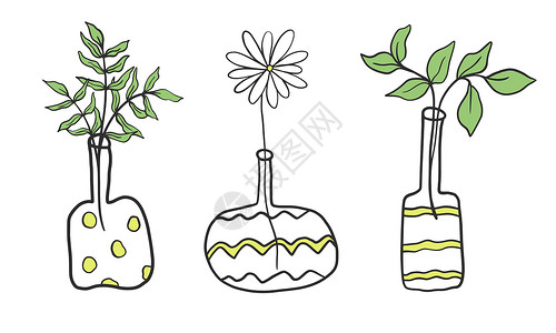 花瓶和枝繁叶茂的涂鸦风格设计图片