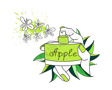绿色香水洒在一只女性手中 在叶子的背景上涂上绿色指甲 矢量图芬芳小册子香气美甲化妆品瓶子徽标草图芳香横幅背景图片