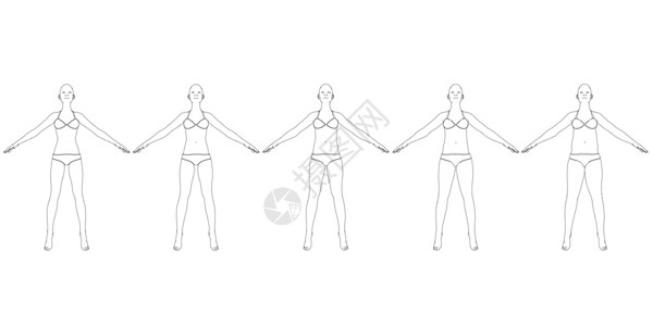 臀腿部肥胖设置一个穿着内衣的女孩的轮廓 从白色背景上孤立的黑色线条逐渐增加体重 从苗条到胖女孩 它制作图案矢量插画