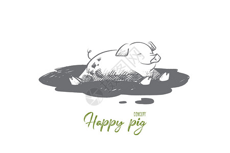 条子泥快乐猪的概念 手绘孤立的矢量喜悦哺乳动物微笑幸福水池水坑宠物动物草图插图插画
