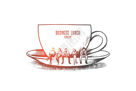 喝咖啡女商务午餐概念 手绘孤立的矢量咖啡玻璃杯子插图食物女性盘子人士女士男性设计图片