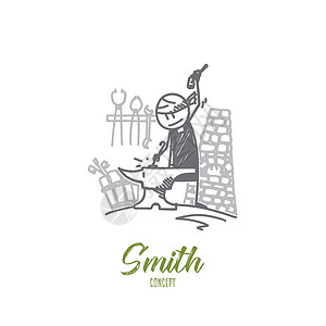 乔治史密斯史密斯概念 手绘孤立的 vecto燃烧作坊金属锤子罢工草图男人工艺煤炭手工设计图片