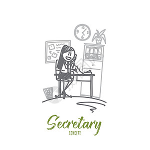 女孩用电脑秘书的概念 手绘孤立的 vecto设计图片