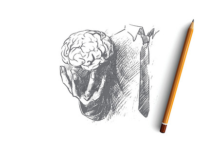 大脑概念 手绘孤立的矢量科学医疗邮票刻字头脑白色黑色智力草图器官背景图片