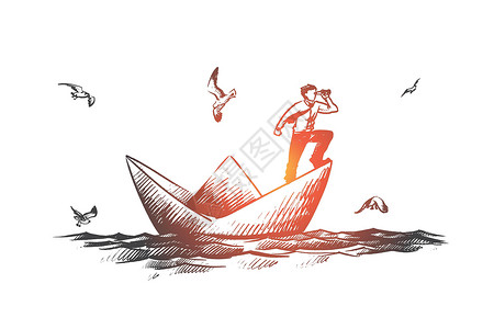 矢量航行商业愿景概念 手绘孤立的矢量卡通片风险航行草图折纸队长生长领导勇气铅笔设计图片