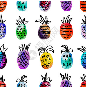 菠萝手绘矢量水彩无缝图案与七彩彩虹菠萝和黑色手绘元素 在白色背景上 有创意的设计 现代风格 红绿黄橙绘画蓝色圆圈艺术标签水粉印迹打印紫色设计图片