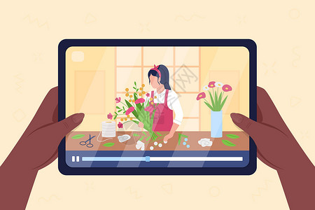 网上花店素材手持平板电脑 带有植物学平面彩色矢量图案视频插画